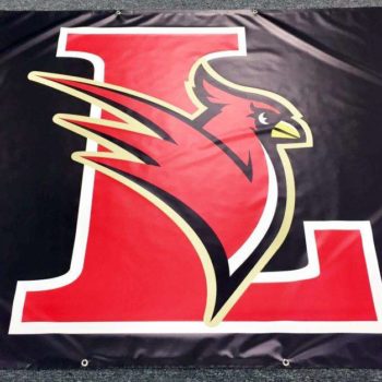 Black flag with red cardinal mascot and logo