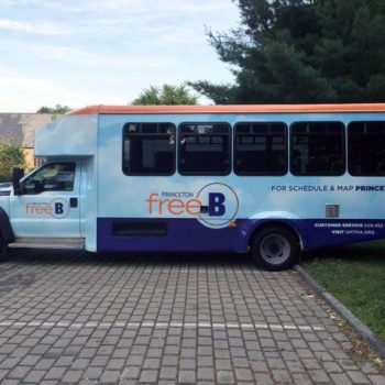 Vehicle wrap on Princeton free B bus.
