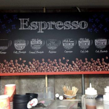 An indoor sign that states espresso in big font and the top and states different types of espresso in coffee cup graphics along the underneath.