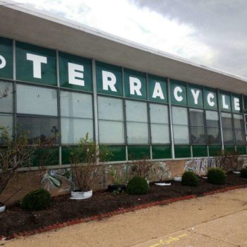 Letters that spell out Terracycle on the windows at the entrance to a building