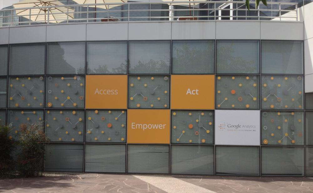 A window graphic and glass finish for Google Analytics