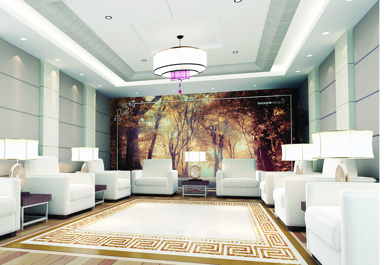 An interior design with a carpet, white chairs, and a mural of a forest