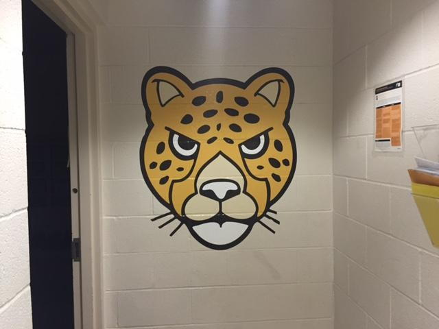 cartoon style cheetah head school signage wall decal