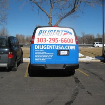 Diligent Delivery Systems van wrap on back of van