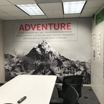 Adventure wall graphic with black and white mountain photo