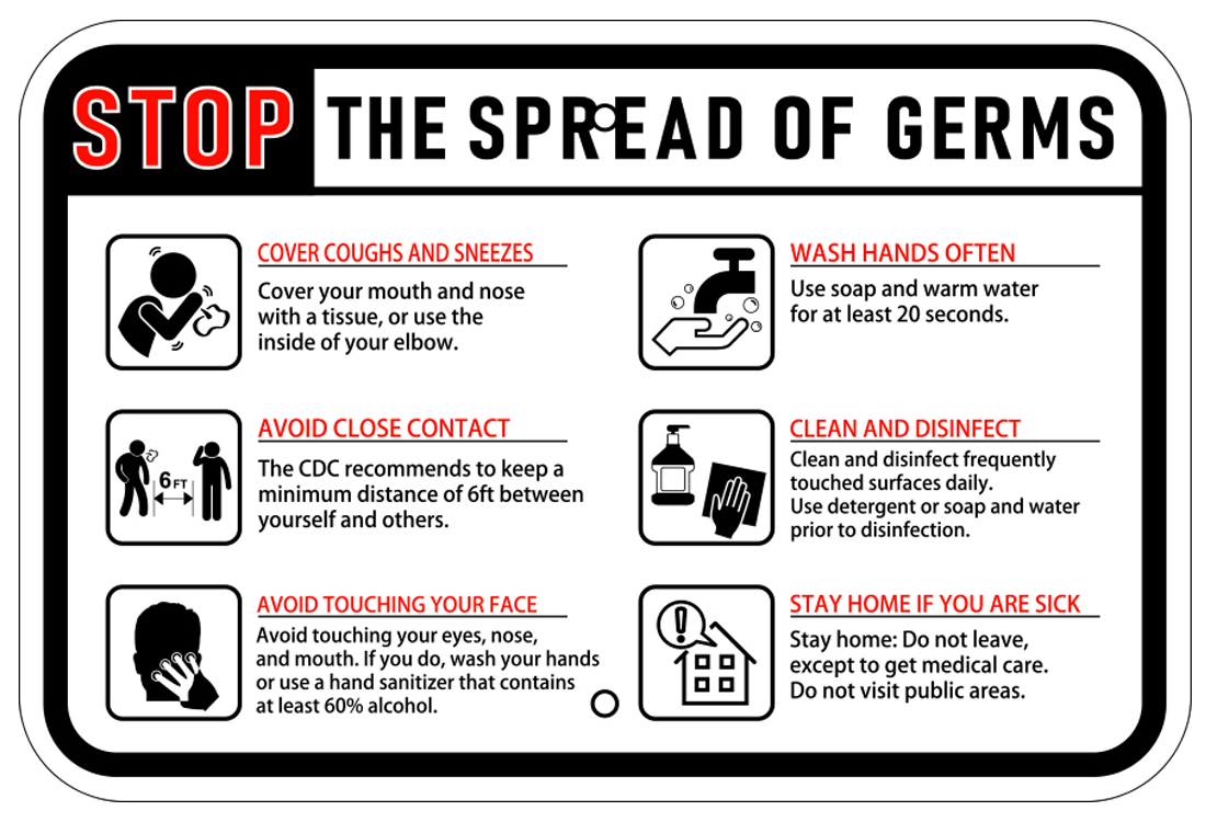 Stop the Spread of Germs Sign 18x12"