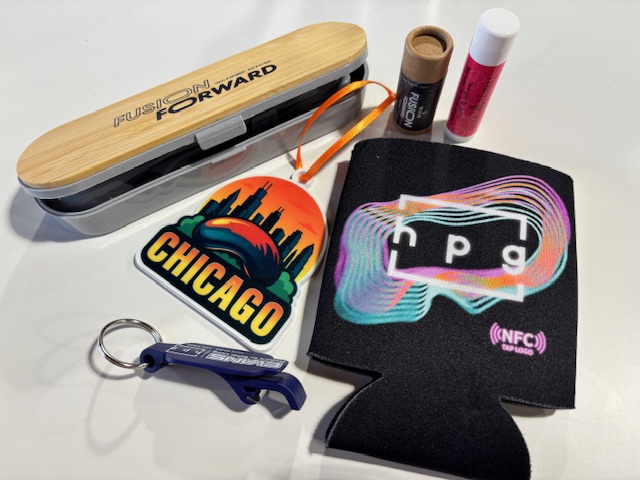 picture of promotional gift items with logos, sitting on a table