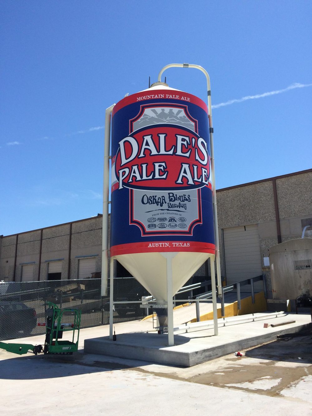 Dale's Pale Ale branded storage tank at Oskar Blues Brewery in Austin.