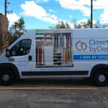 Vehicle wrap on van for Closets by Design featuring image of a closet