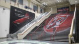 event wall banner and staircase graphic 