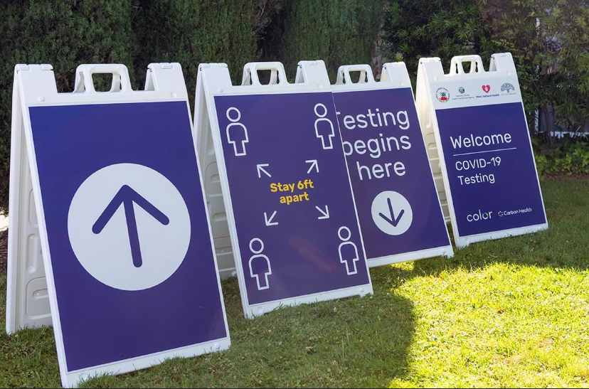 Outdoor Covid-19 testing sign with aframe structure