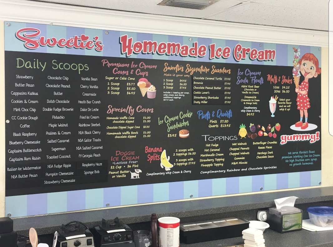 sweetie's homemade ice cream menu sign 