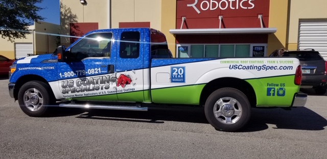 us coating specialists blue white and green truck wrap 