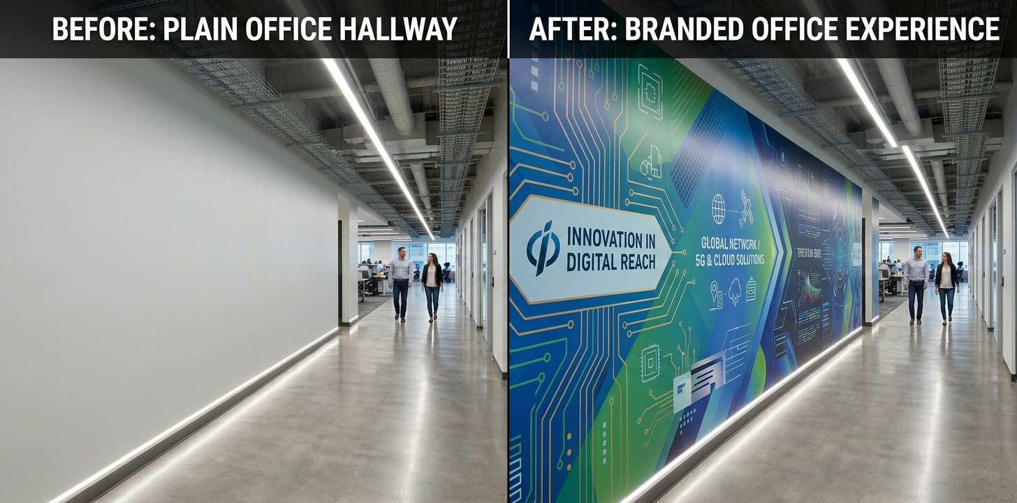 Custom wall mural before and after transformation