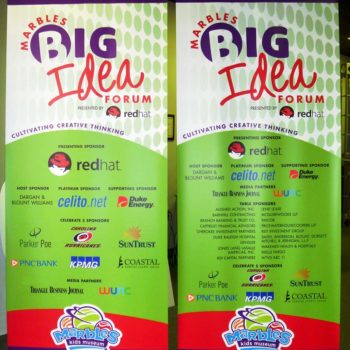 Image of sponsor banner stands for a museum event in Raleigh, NC.