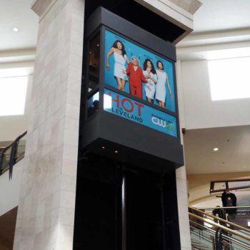 Image of an elevator window cling, installed in a mall in Raleigh, NC.