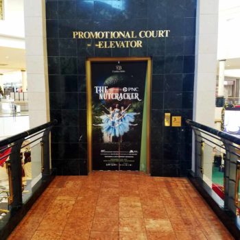 Image of elevator door graphics, installed in a mall in Raleigh, NC.