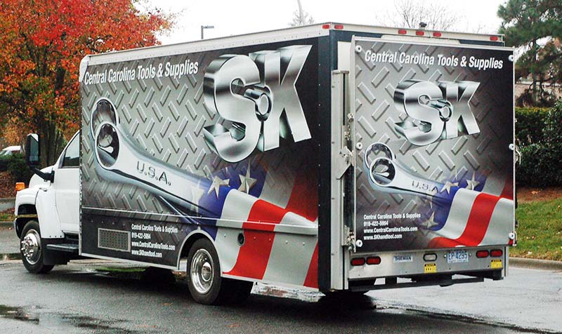 Image of a full vehicle wrap, installed on a box truck in Chapel Hill, NC.
