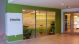 Image of frosted vinyl window graphics, installed as conference room privacy glass in Cary, NC.