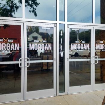 Storefront window lettering and logo graphics for Morgan Street Food Hall, Raleigh
