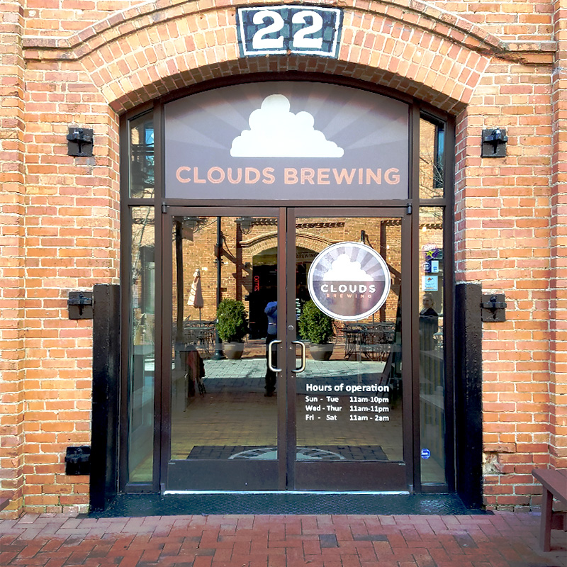 Storefront window lettering and logo graphics for Clouds Brewing, Durham