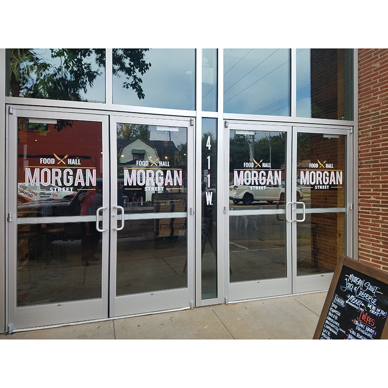 Storefront window lettering and logo graphics for Morgan Street Food Hall, Raleigh