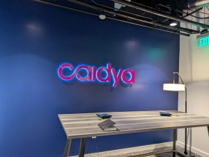Image of a halo light logo, installed in an office in Raleigh, NC.