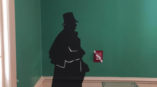 person in black coat wall graphic
