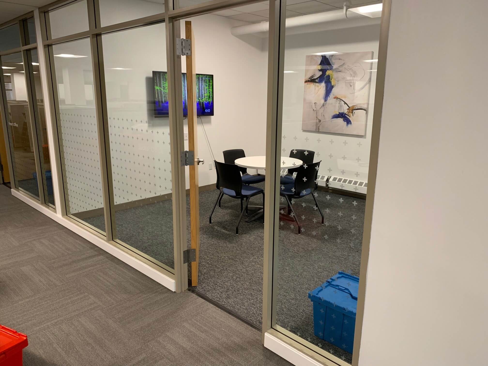 conference room with grey decal on windows