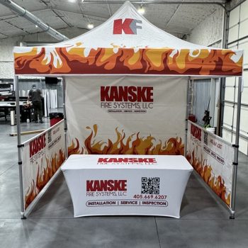 Matching Custom Tent Canopy and Table Cover Outdoor event setup. Stillwater, Oklahoma.