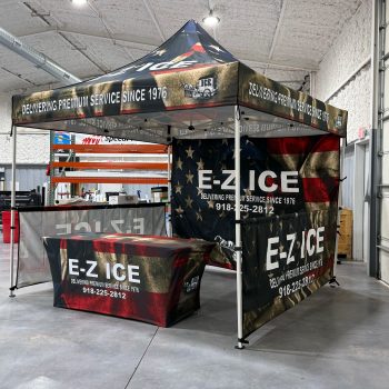 Matching Custom Tent Canopy and Table Cover Outdoor event setup. Stillwater, Oklahoma.