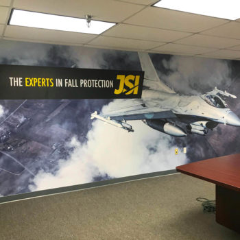 Large wall mural of fighter jet