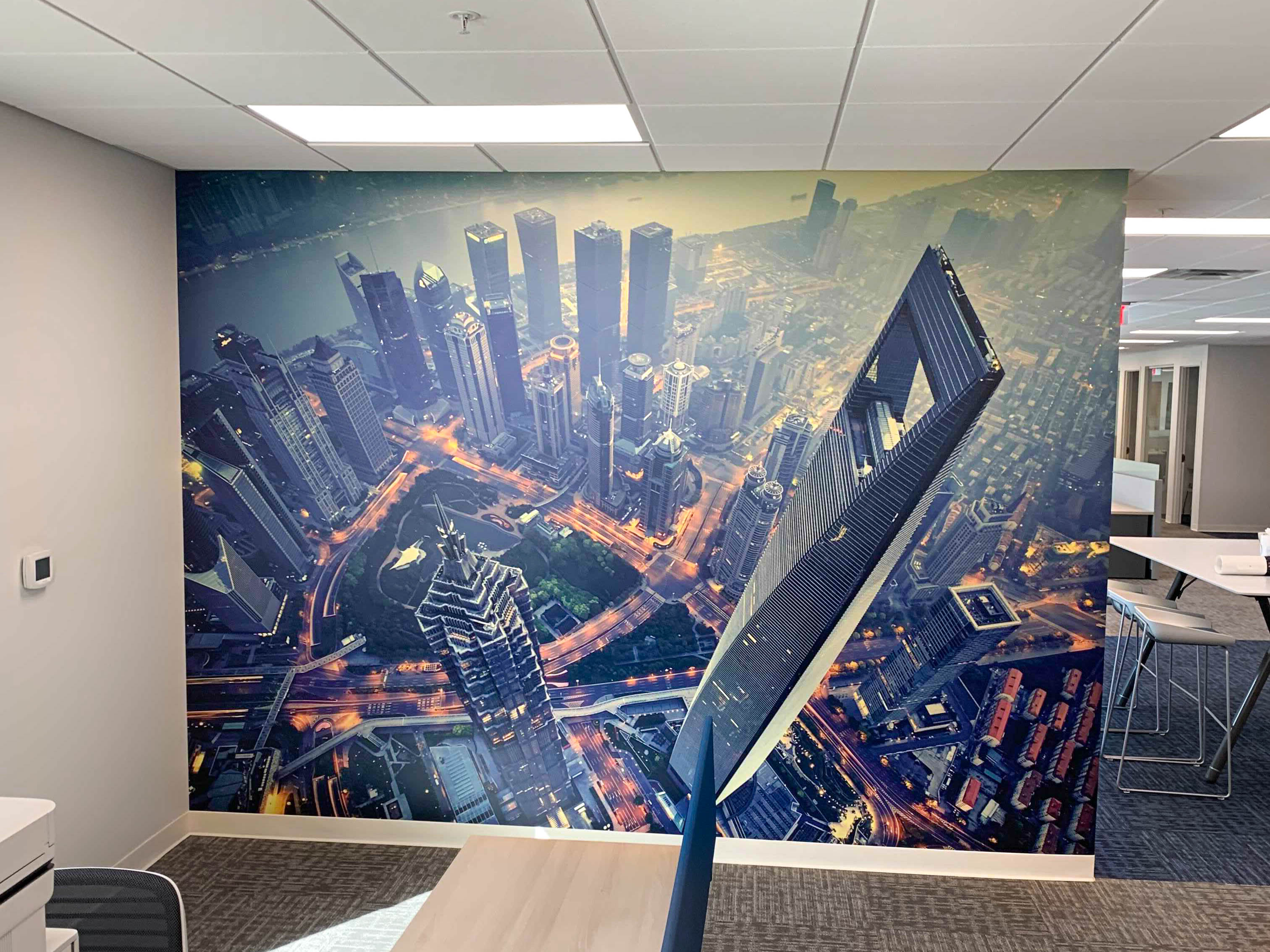 Wall mural in office workspace