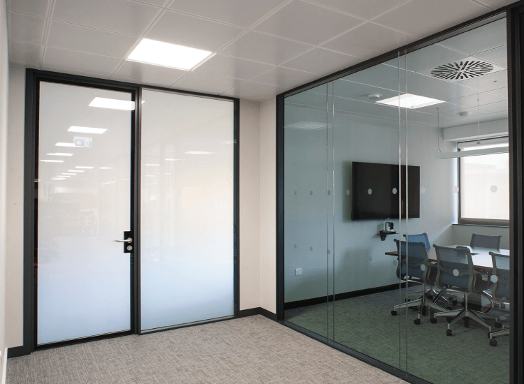 an example of office space with switchable window film also known as Xmart film