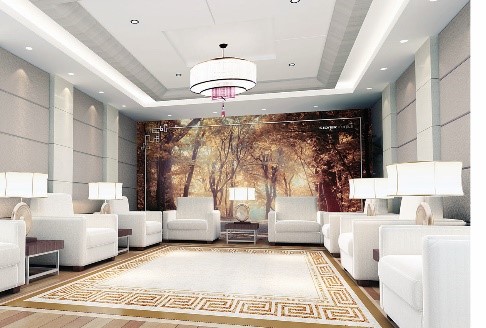 Hotel seating area with forest wall mural