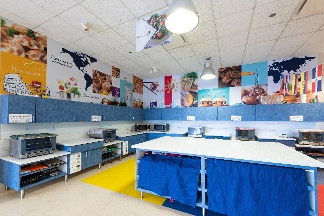 School wall covering in kitchen classroom