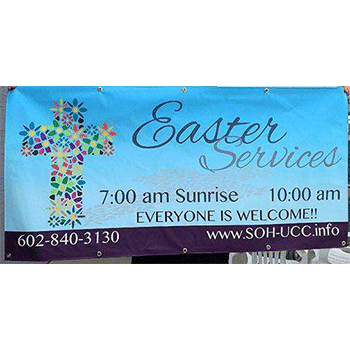 Outdoor banner advertising Easter church services 