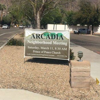 Outdoor sign for an Arcadia Neighborhood Meeting