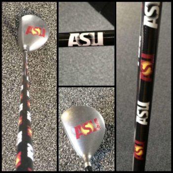 Multiple images of the ASU symbol on a golf club.