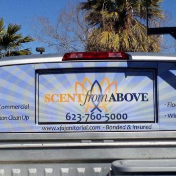 Vehicle wrap on the back window of a truck for 