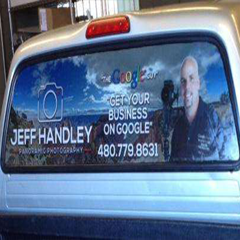 Vehicle wrap on the back window of a truck for 