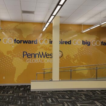 wall mural, indoor graphics, office mural, wall covering, corporate branding, logo graphic