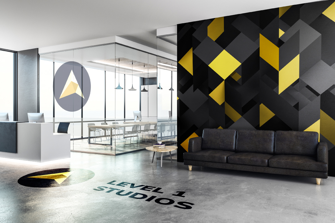Interior design: black couch, black and yellow wall, stylish ceiling and flooring details.