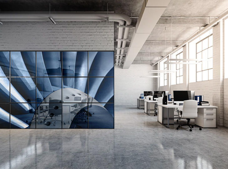 Blue and white office chair decal on office wall, with modern workspace background.