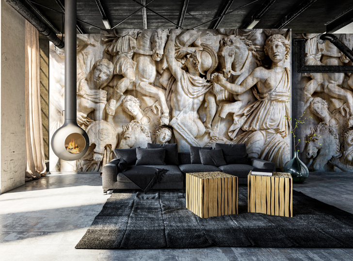 Roman statues wall decal in stylish living room with modern furniture.
