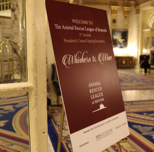 Sign on stand promoting Boston animal rescue event