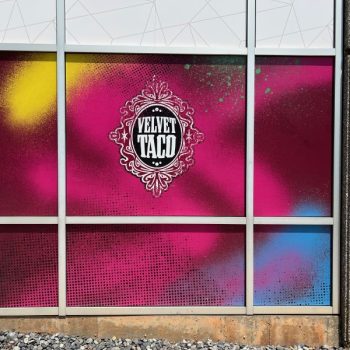 Frosted geometric window film applied on commercial glass panels in Raleigh, NC.