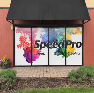 Vibrant window graphics showcasing bold advertising visuals