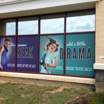 window graphic for week long acting, singing, and dance camp