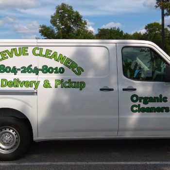 Bellevue Cleaners van with green logo graphics